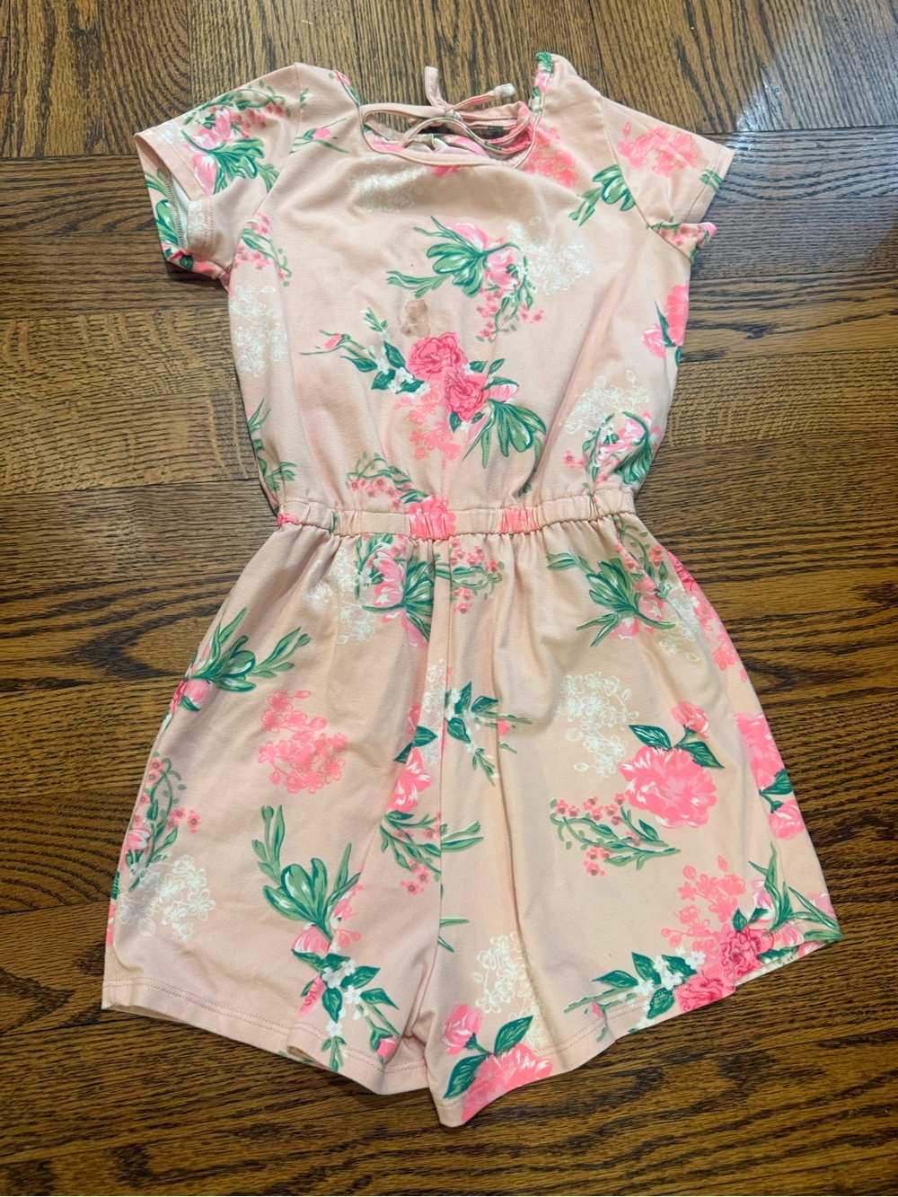 btween Pink Floral Short Sleeve Romper with Green Accents